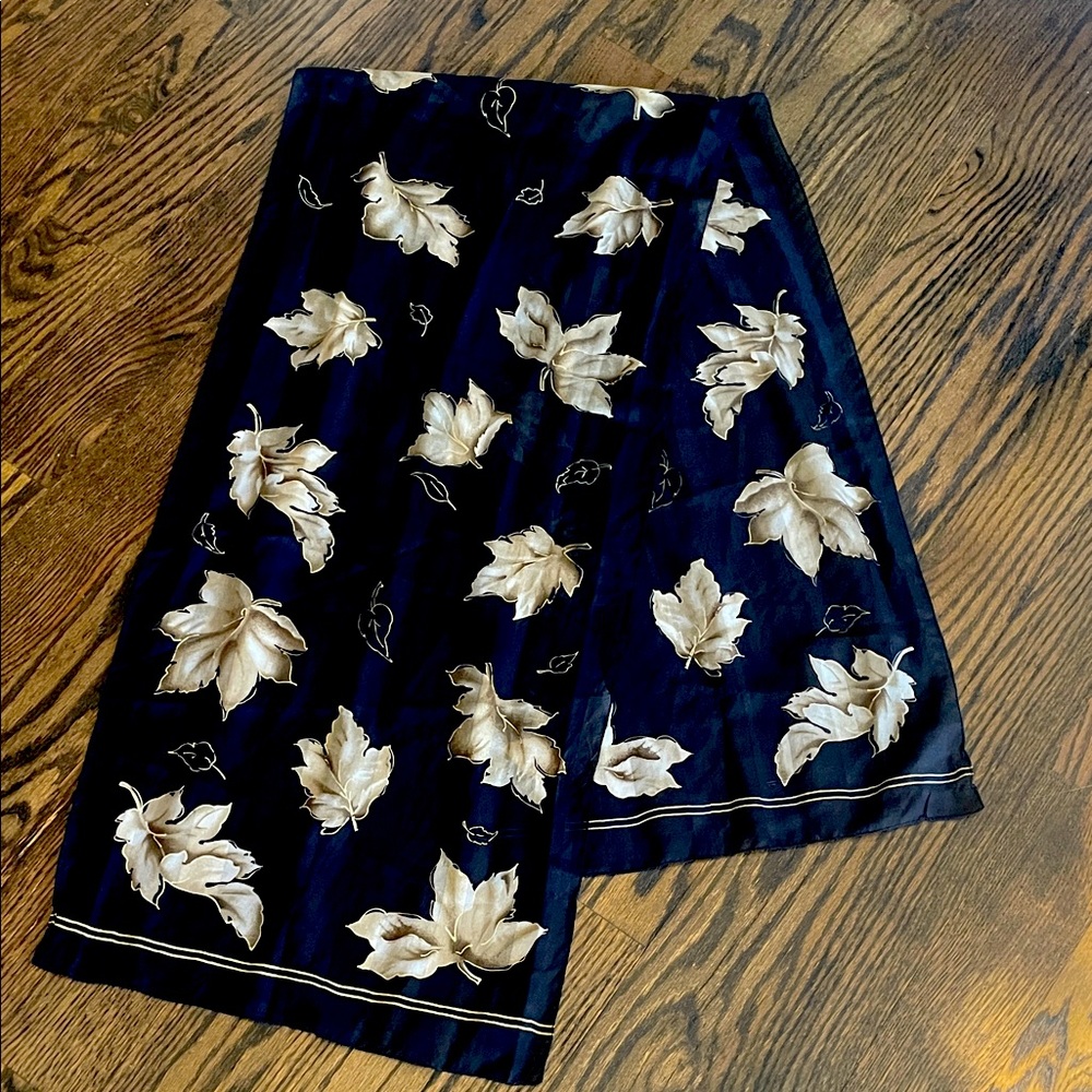 Oblong Black Scarf w/ leaves prints